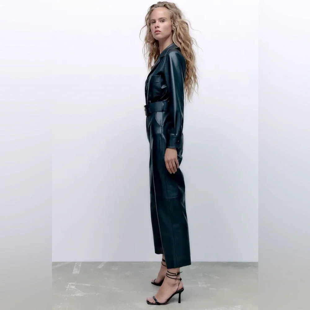 Zara FAUX LEATHER JUMPSUIT V-neck Long Sleeves Front & Back Patch Pockets NEW - Picture 5 of 10